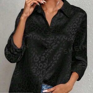 Shein Black on Black Animal print button up Blouse Top sz L  /B9